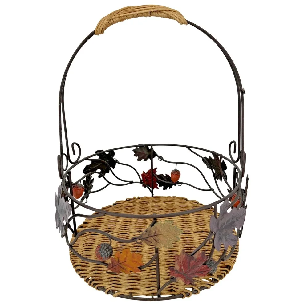 Fall Harvest Metal & Rattan‎ Basket with Handle Autumn Decor Leaf Acorn